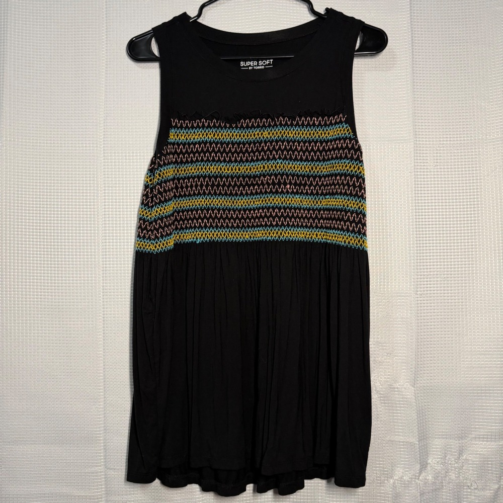 Torrid Super Soft Knit Tank Top 0 Black Smocked Embroidered Bodice